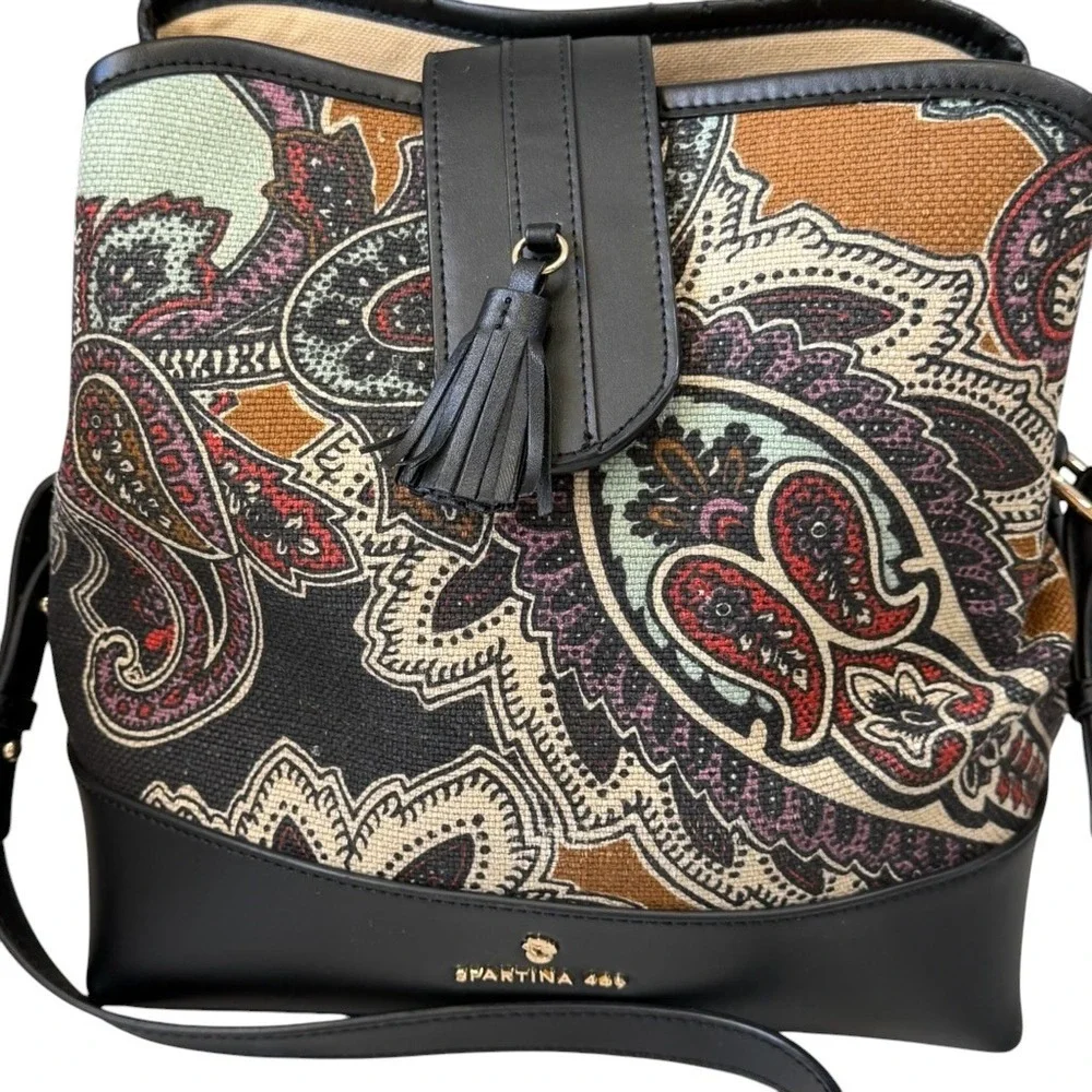 Spartina 449 Daufuskie Island Paisley Crossbody Bucket Bag Tassel Linen Leather